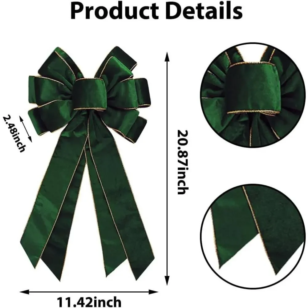 Vintage Green Wreath Bow 20x11 Inch Velvet Tree Topper Golden Edge Xmas